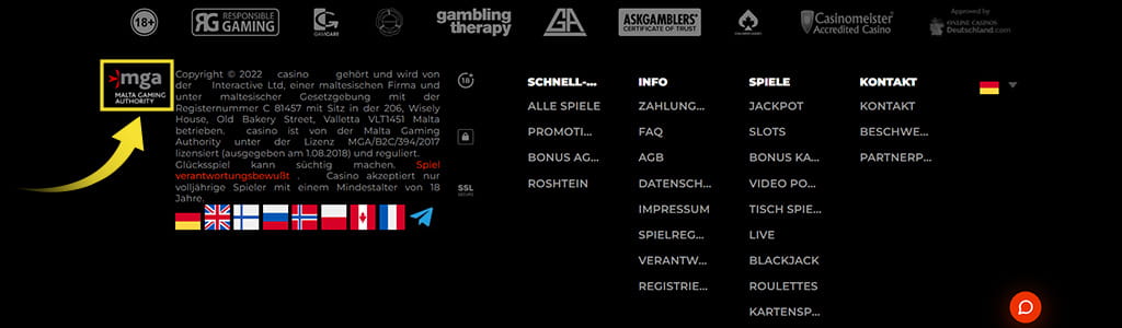 Der Footer einer Casinoseite mit dem Logo der Malta Gaming Authority.